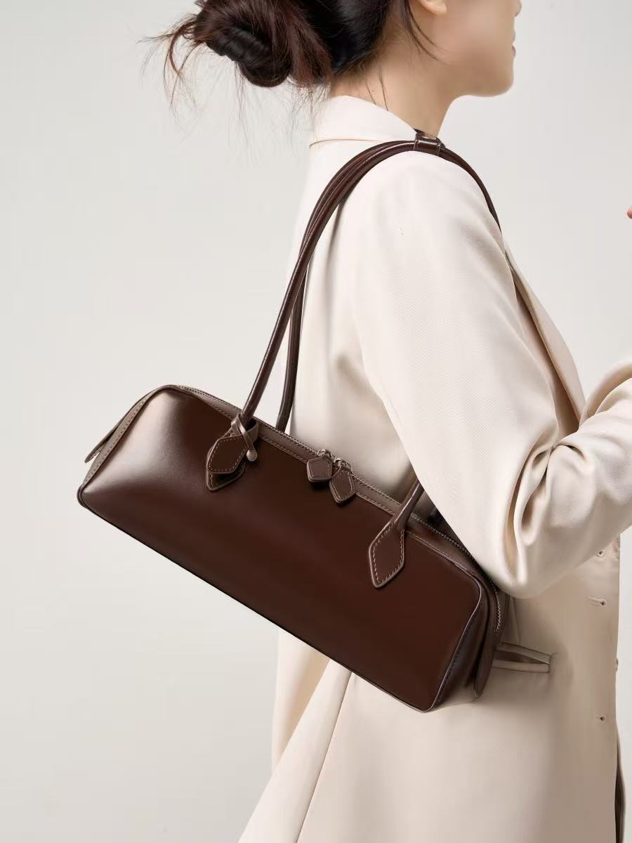 Long Leather Baguette Crossbody Bag
