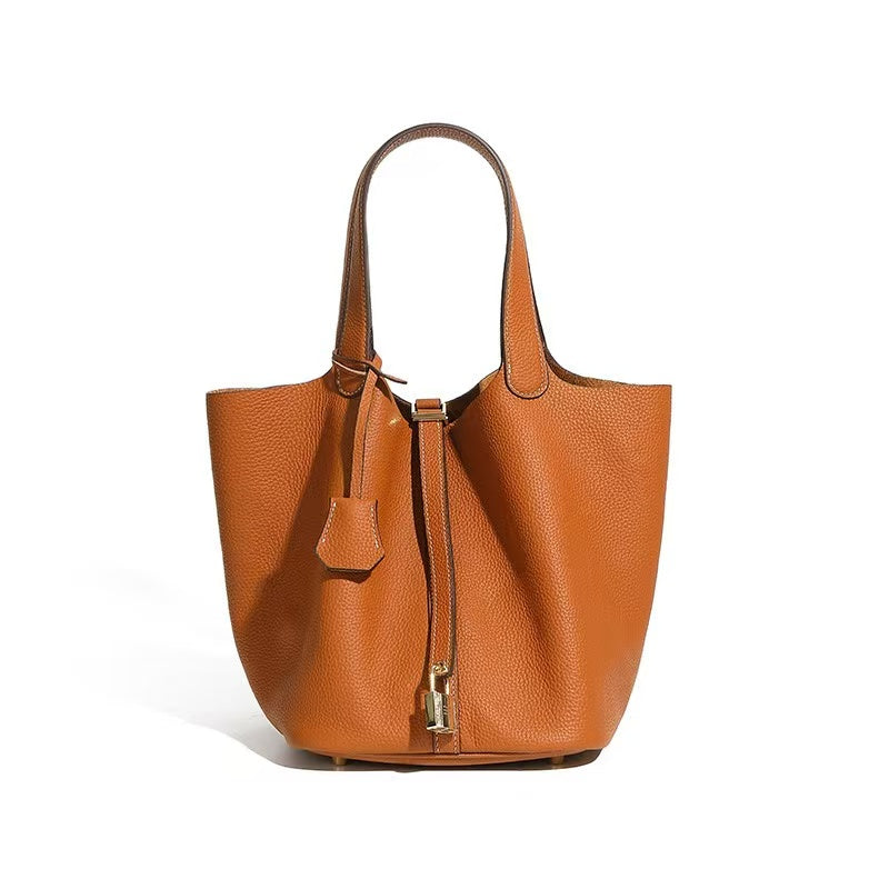 Leather Basket Tote with Removable Pouch