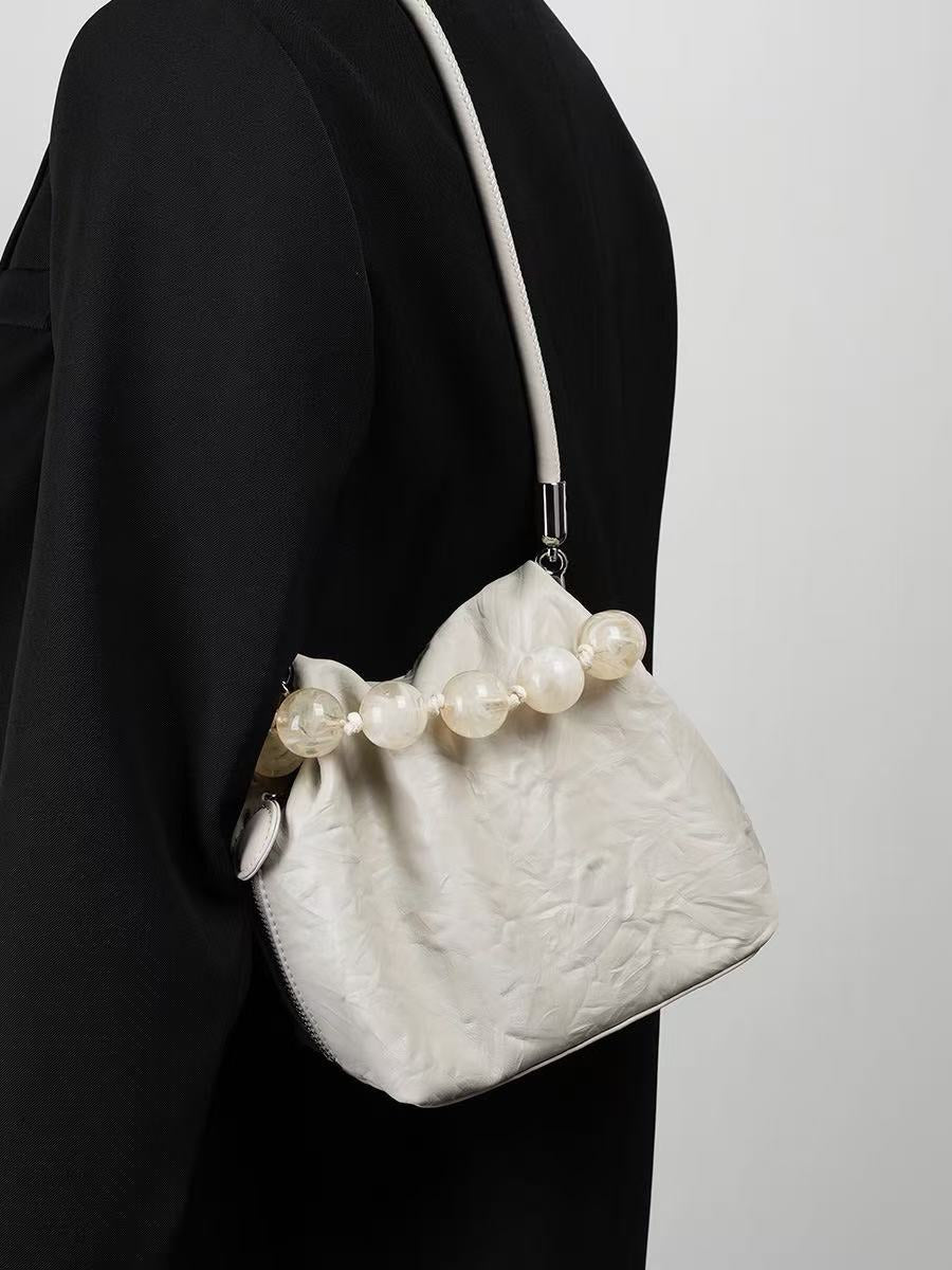 Ruched Leather Bag with Beaded Handle