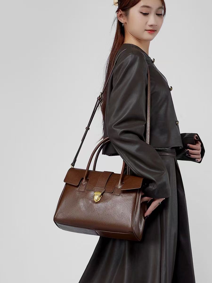 Leather Work Handbag with Two Compartments
