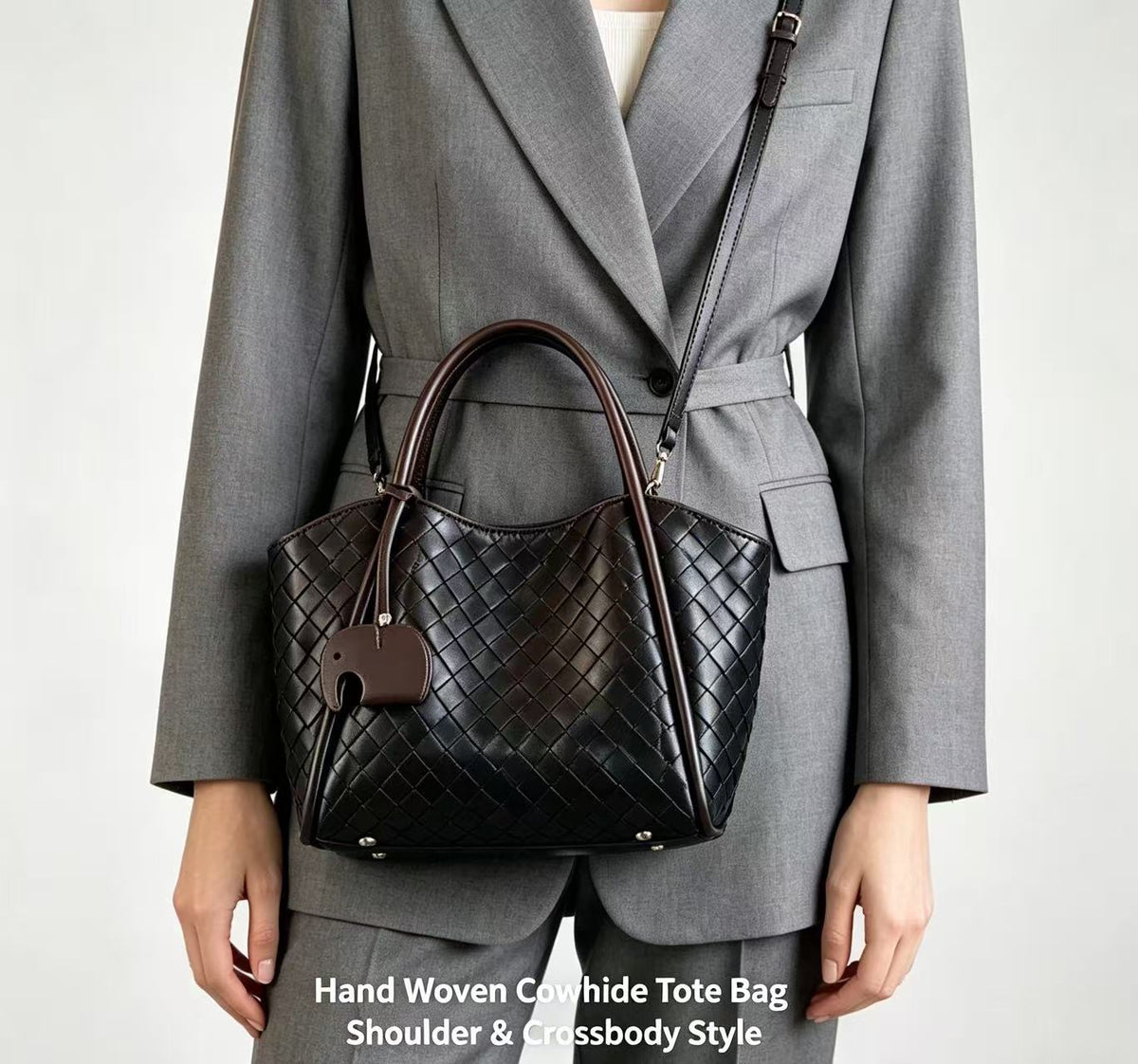 Woven Leather Tote with Detachable Strap