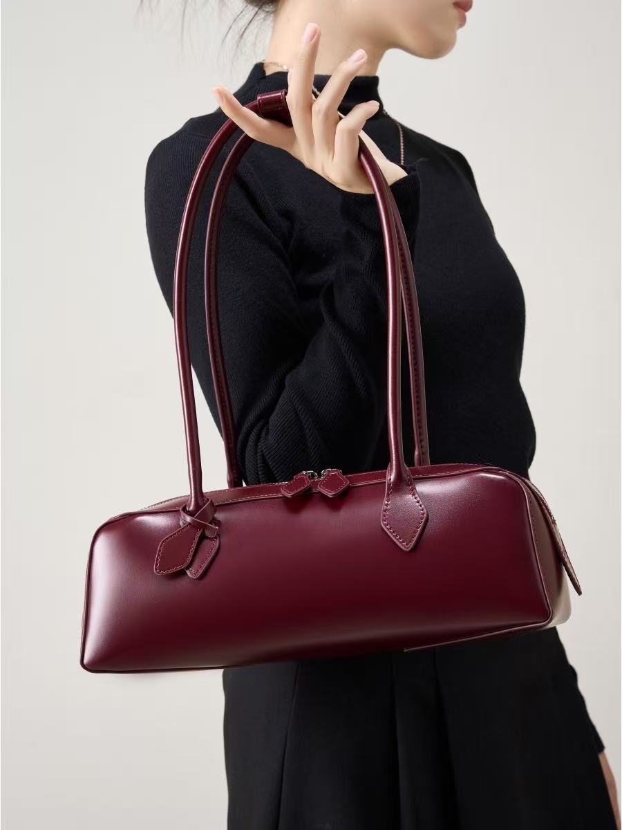 Long Leather Baguette Crossbody Bag
