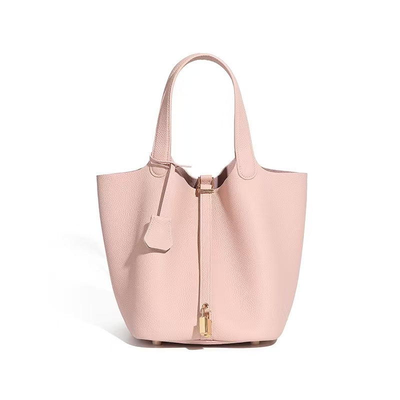 Leather Basket Tote with Removable Pouch
