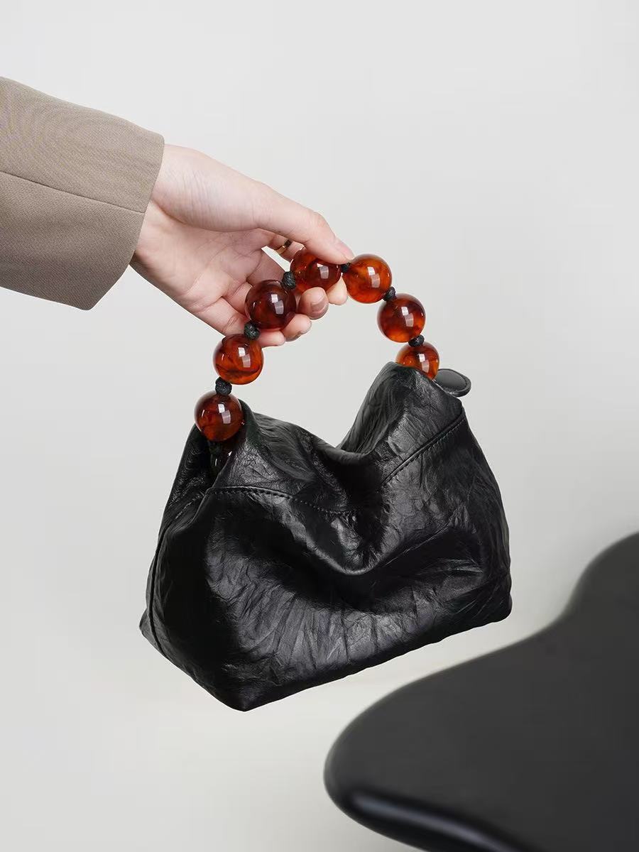 Ruched Leather Bag with Beaded Handle