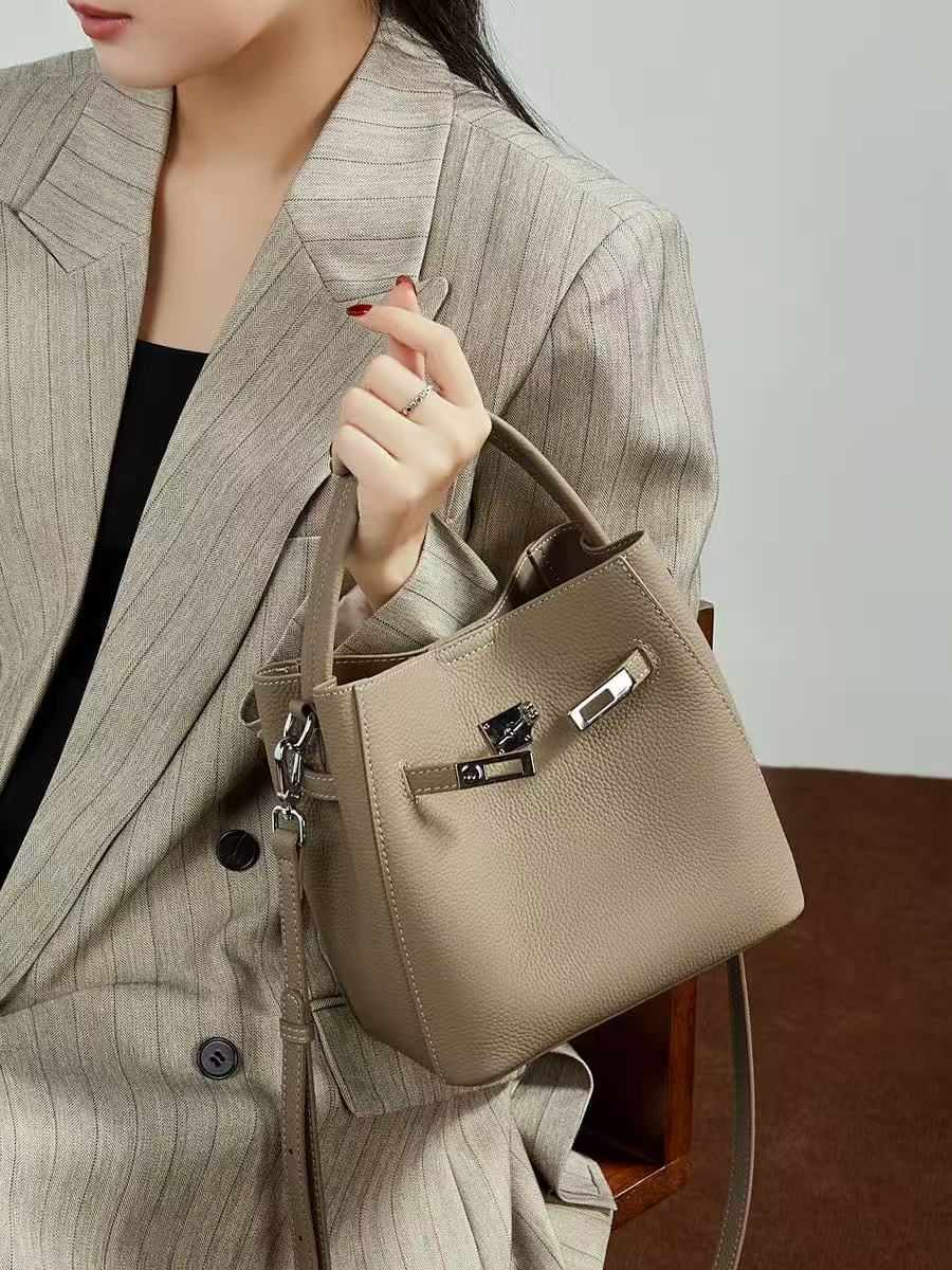Turn-Lock Leather Bucket Handbag