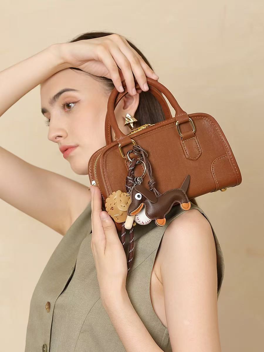 Mini Leather Bowling Bag with Dog Charm