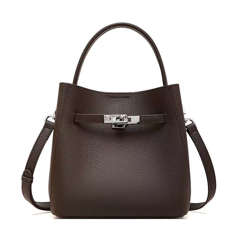 Turn-Lock Leather Bucket Handbag