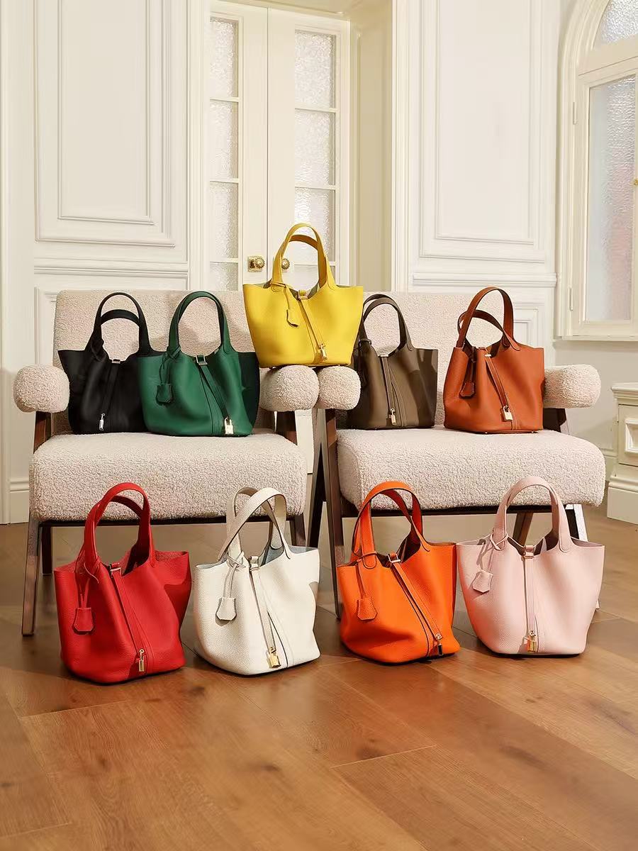 Leather Basket Tote with Removable Pouch