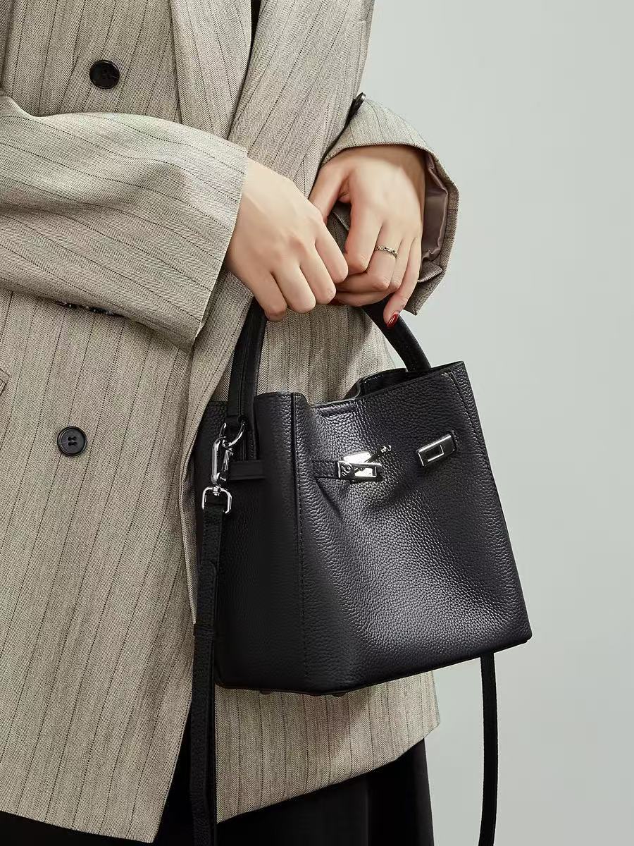 Turn-Lock Leather Bucket Handbag