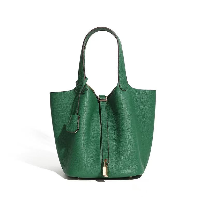 Leather Basket Tote with Removable Pouch