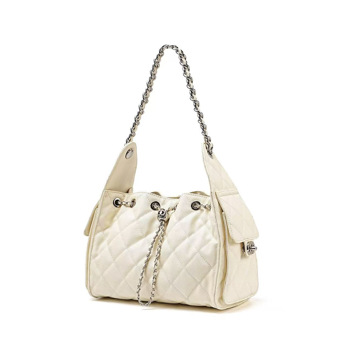 Quilted Leather Drawstring Hobo Bag