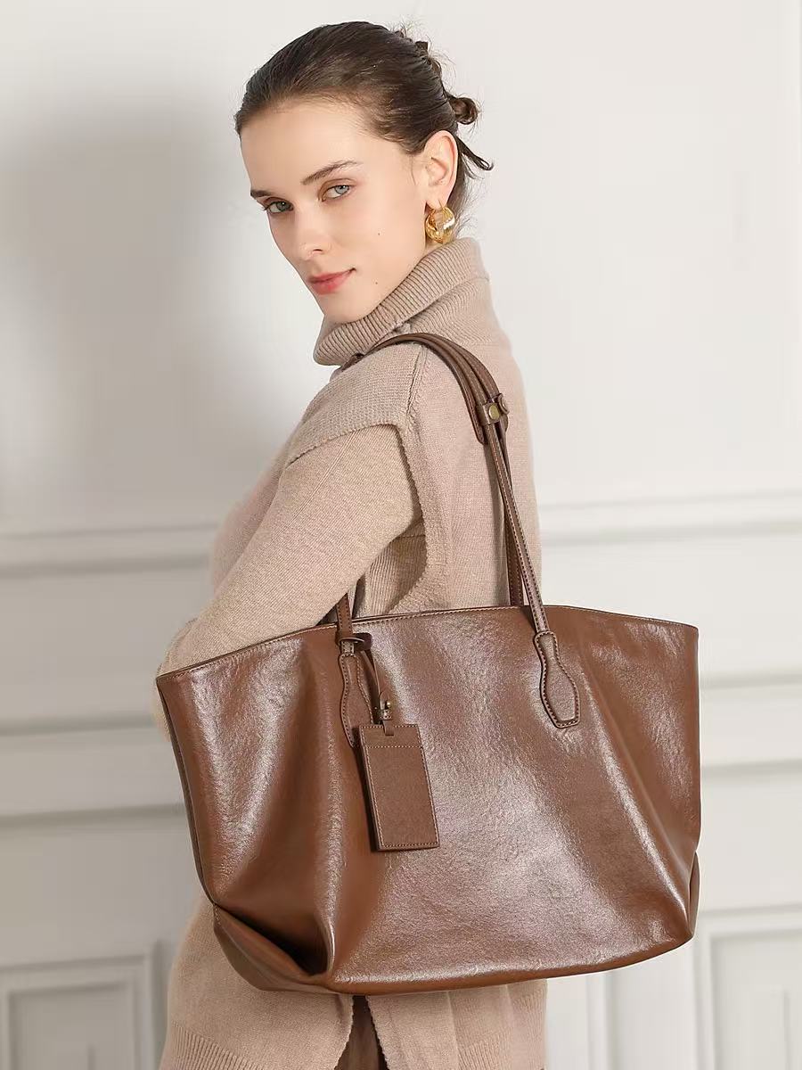 Large Leather Work Tote with Interior Pockets