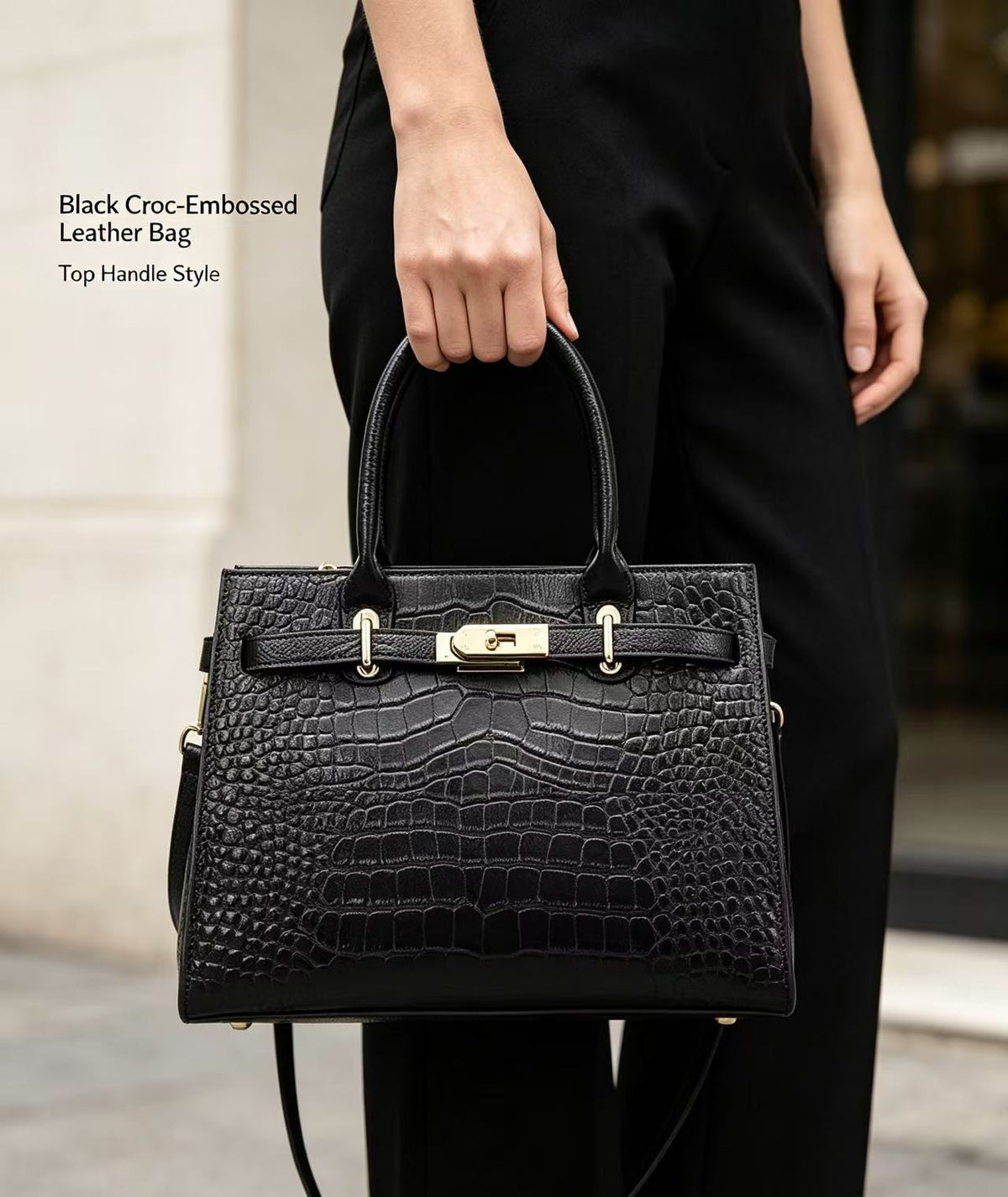Croc-Embossed Leather Handbag
