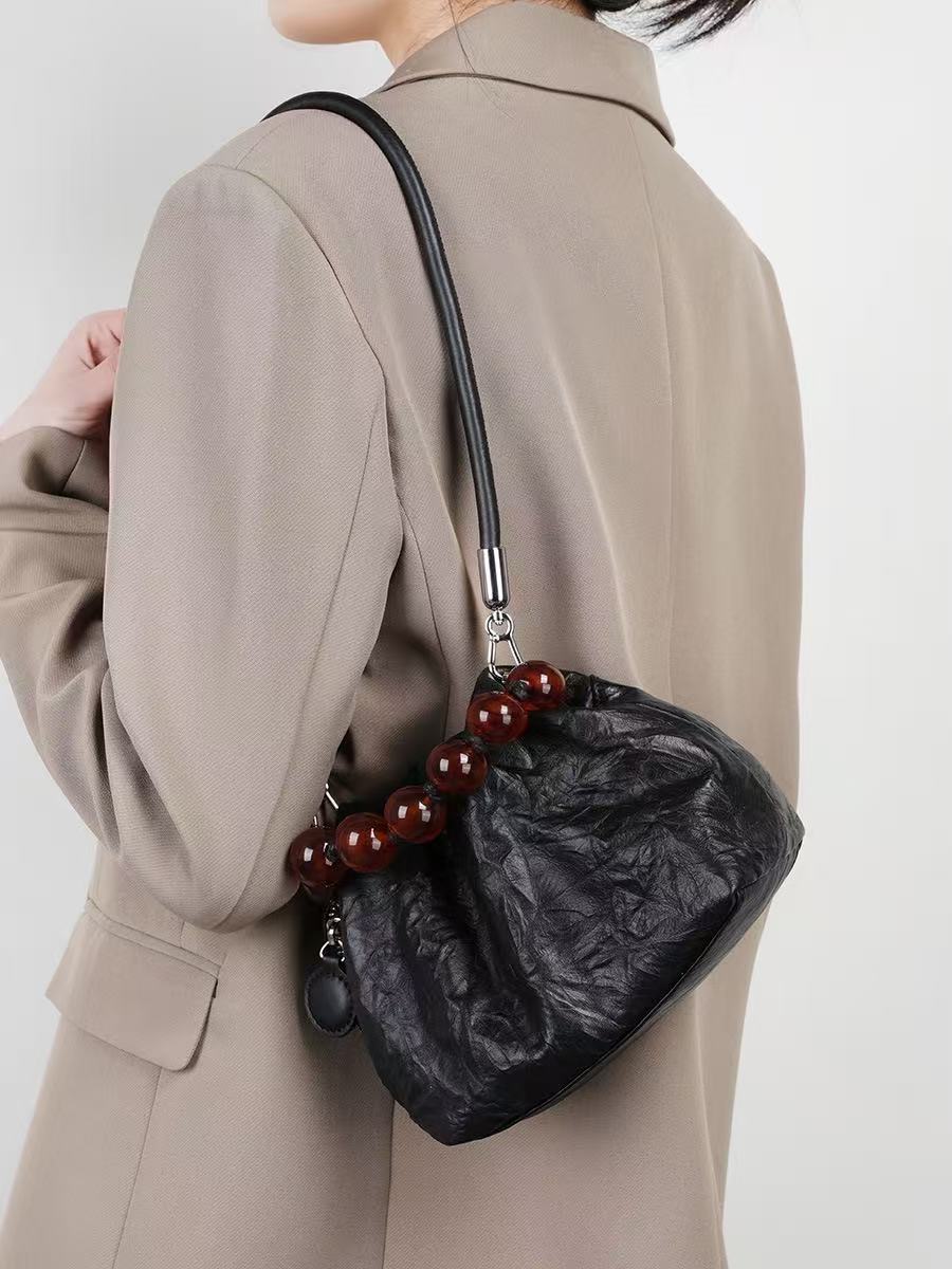 Ruched Leather Bag with Beaded Handle
