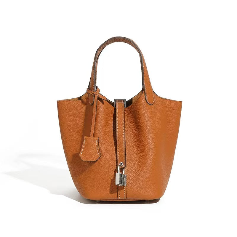 Lightweight Leather Bucket Tote with Pouch