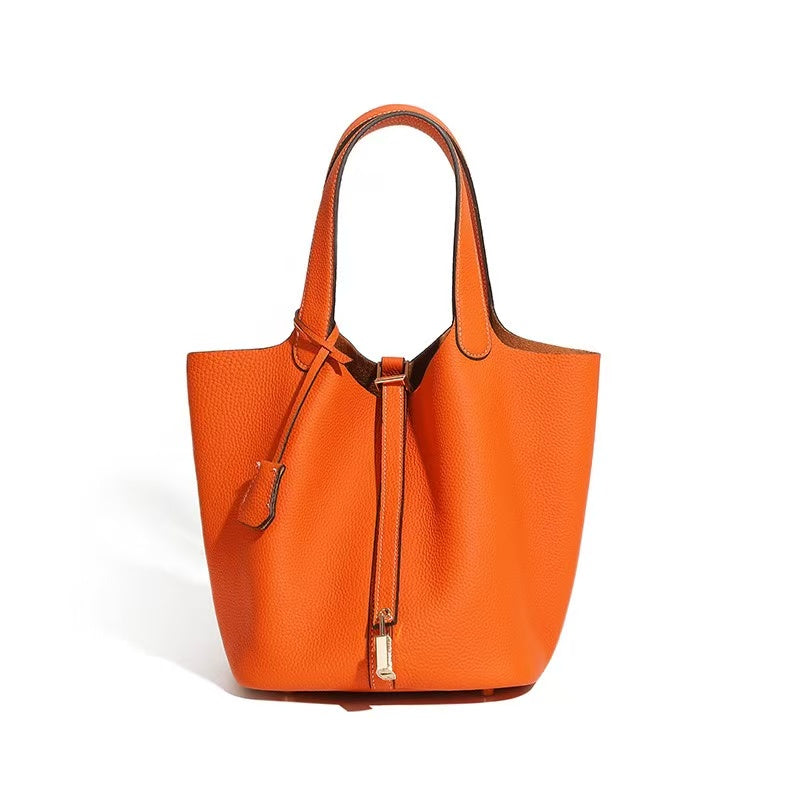 Leather Basket Tote with Removable Pouch