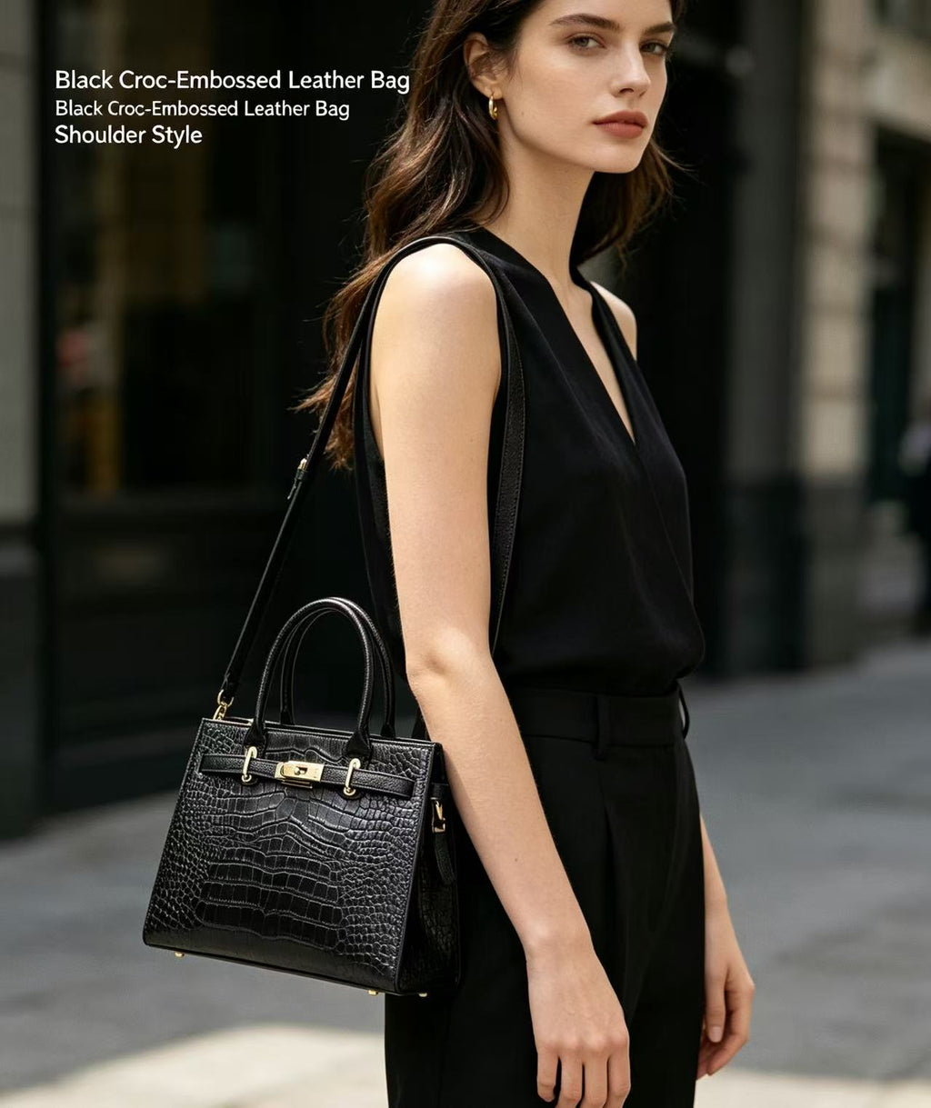 Croc-Embossed Leather Handbag