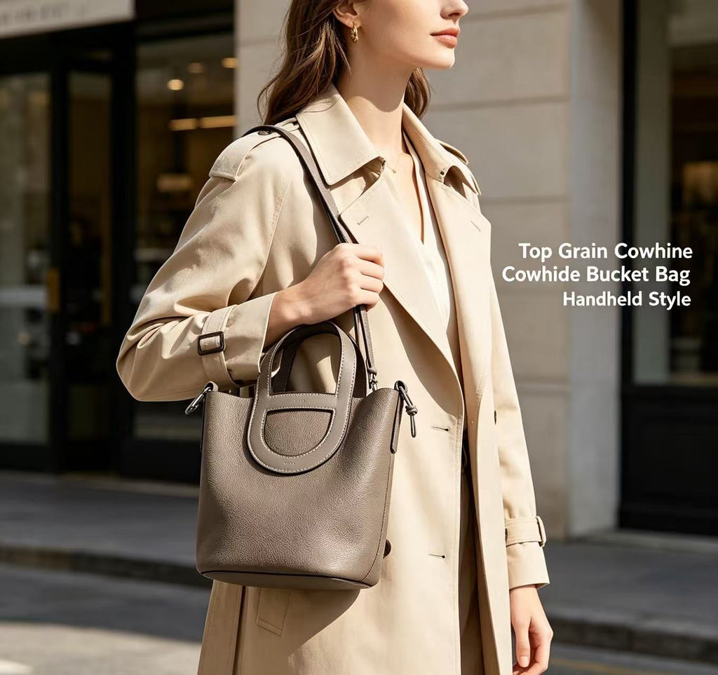 Leather Drawstring Bucket Handbag