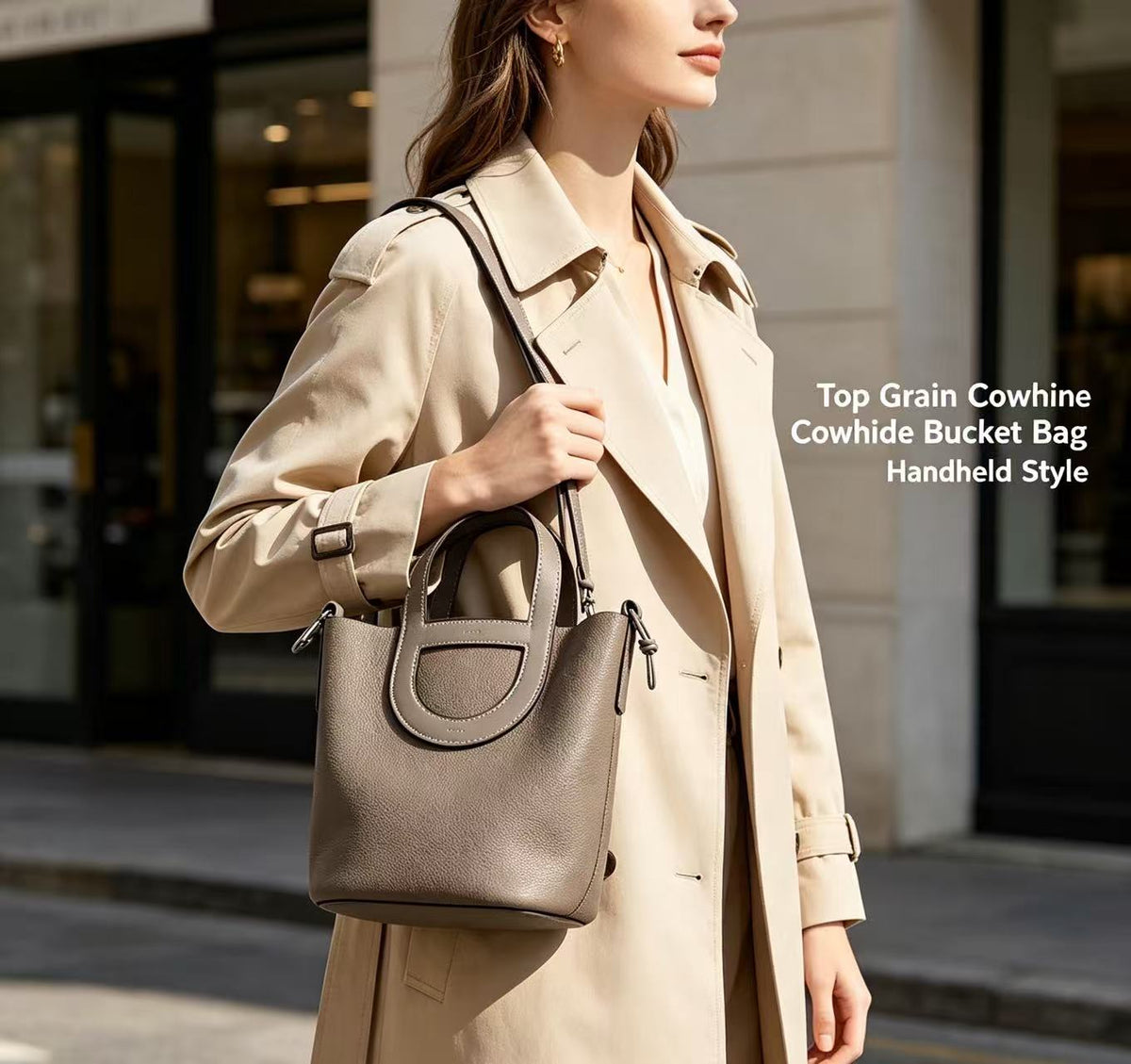 Leather Drawstring Bucket Handbag