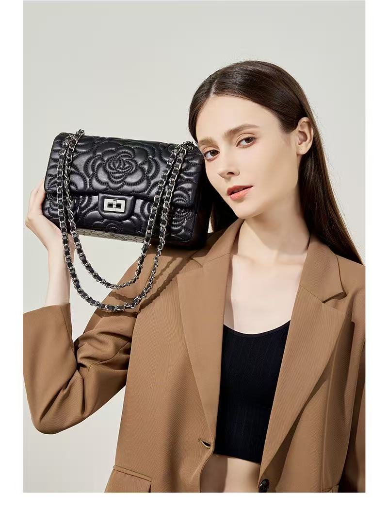 Floral Quilted Sheepskin Leather Chain Bag