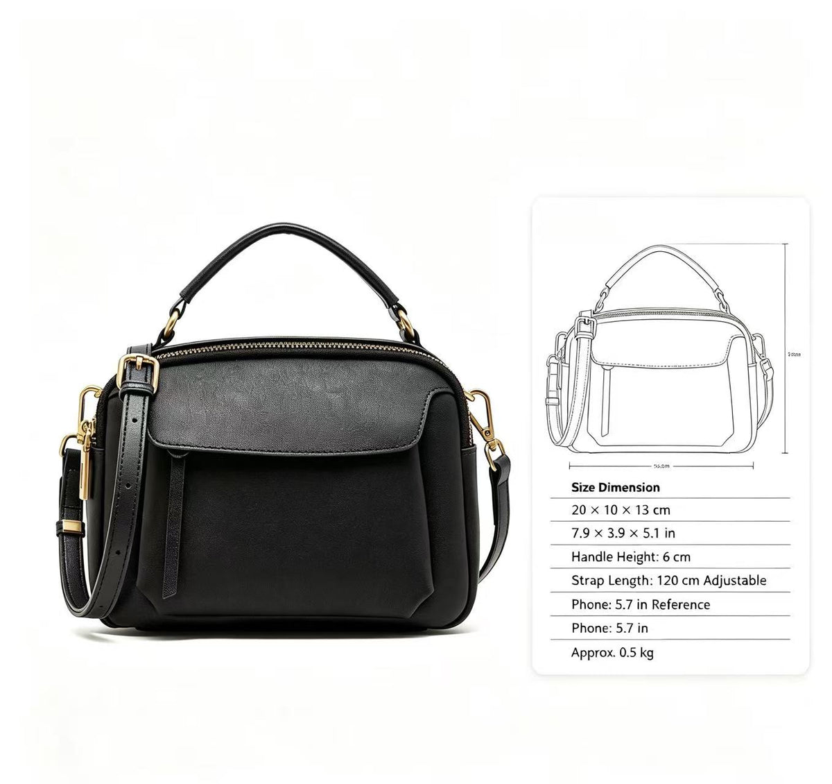 Leather Handbag with Detachable Shoulder Strap
