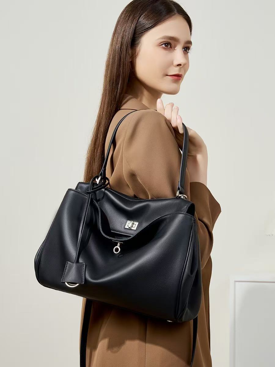 Black Leather Shoulder Bag with Horse Charm