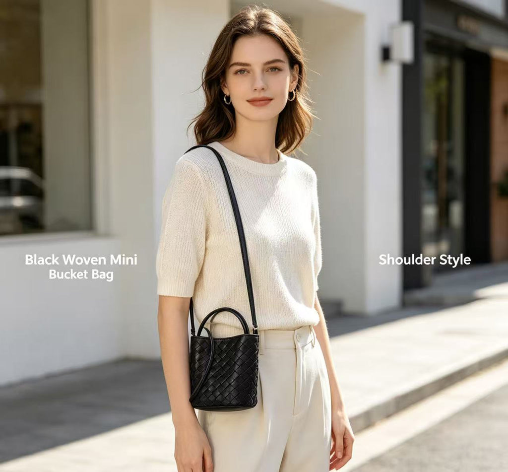 Woven Sheepskin Leather Mini Bucket Bag
