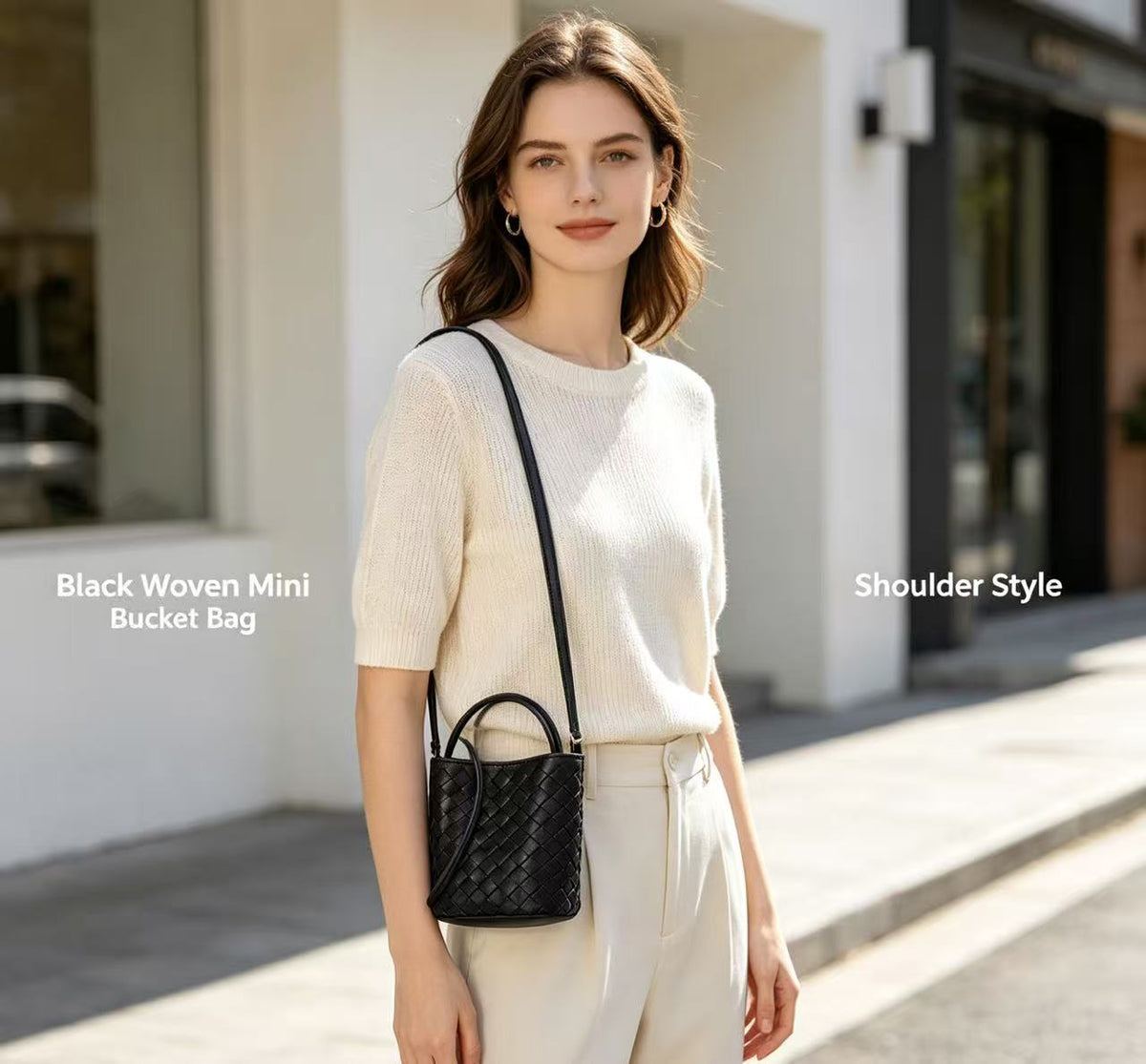 Woven Sheepskin Leather Mini Bucket Bag