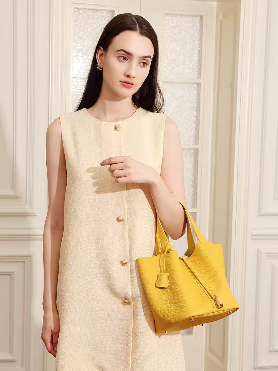 Leather Basket Tote with Removable Pouch