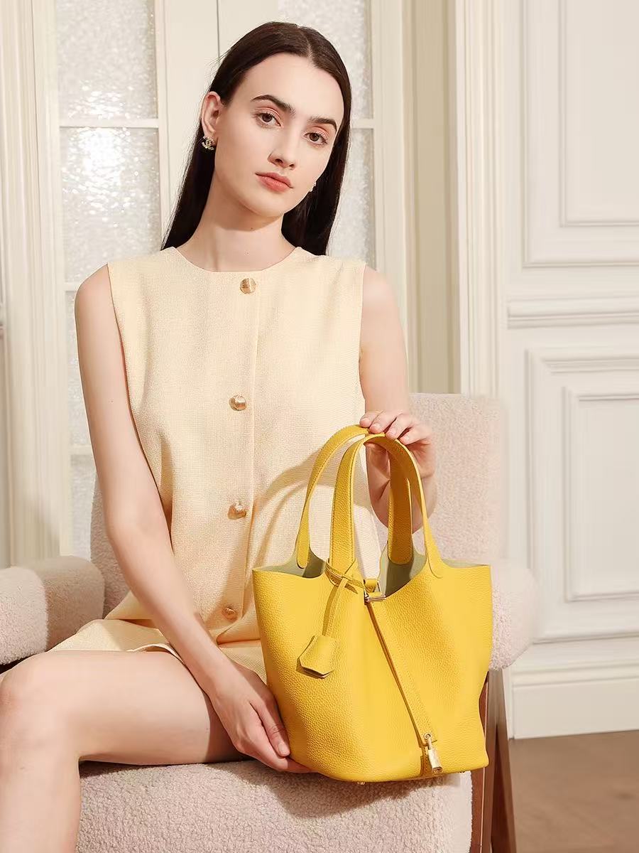 Leather Basket Tote with Removable Pouch