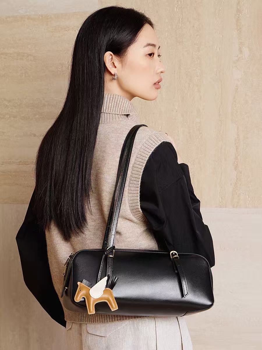 Long Leather Shoulder Bag with Horse Charm