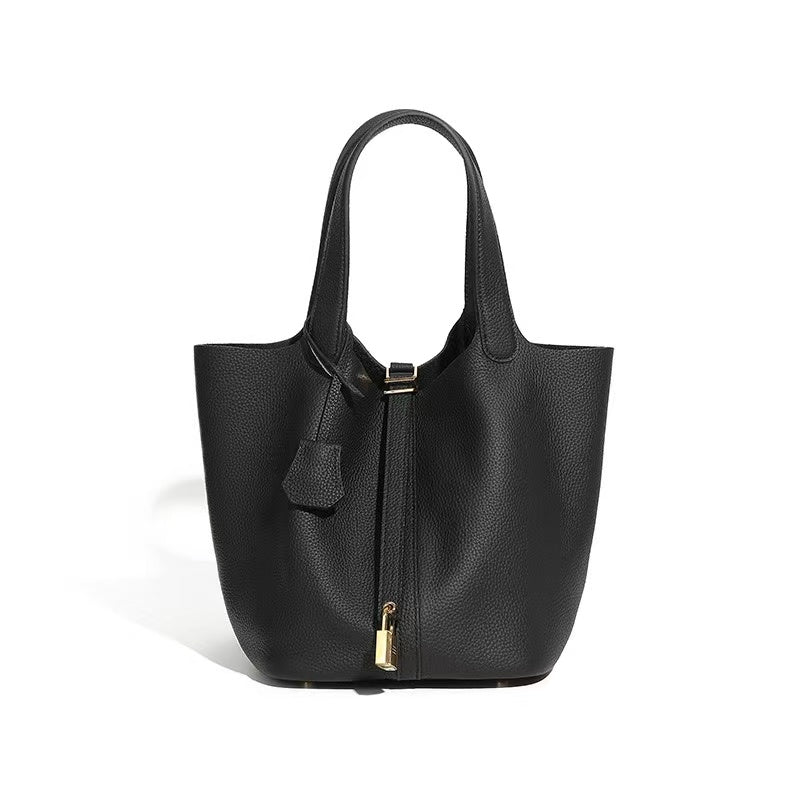 Leather Basket Tote with Removable Pouch
