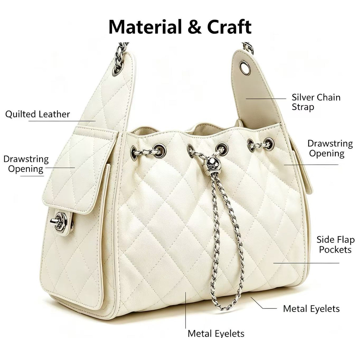 Quilted Leather Drawstring Hobo Bag