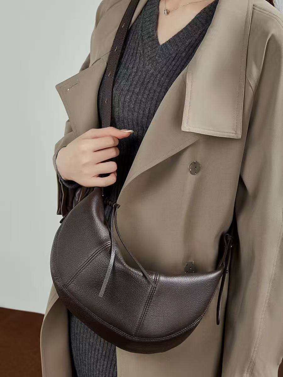 Lightweight Leather Crescent Hobo Bag