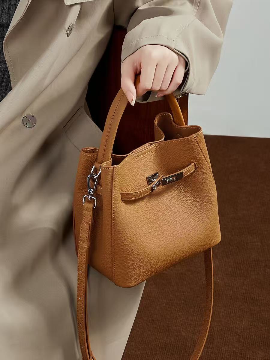 Turn-Lock Leather Bucket Handbag