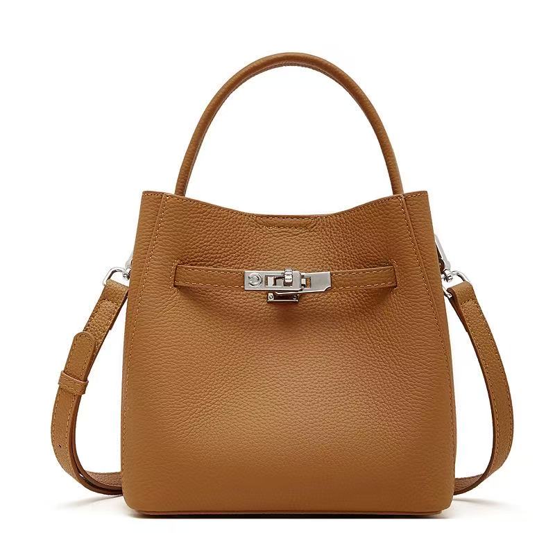 Turn-Lock Leather Bucket Handbag