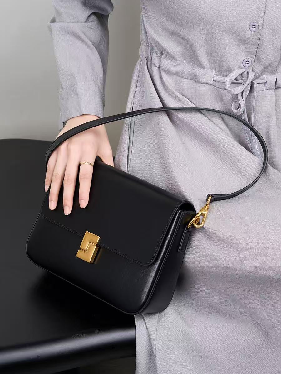 Leather Flap Bag with Gold-Tone Turn Lock