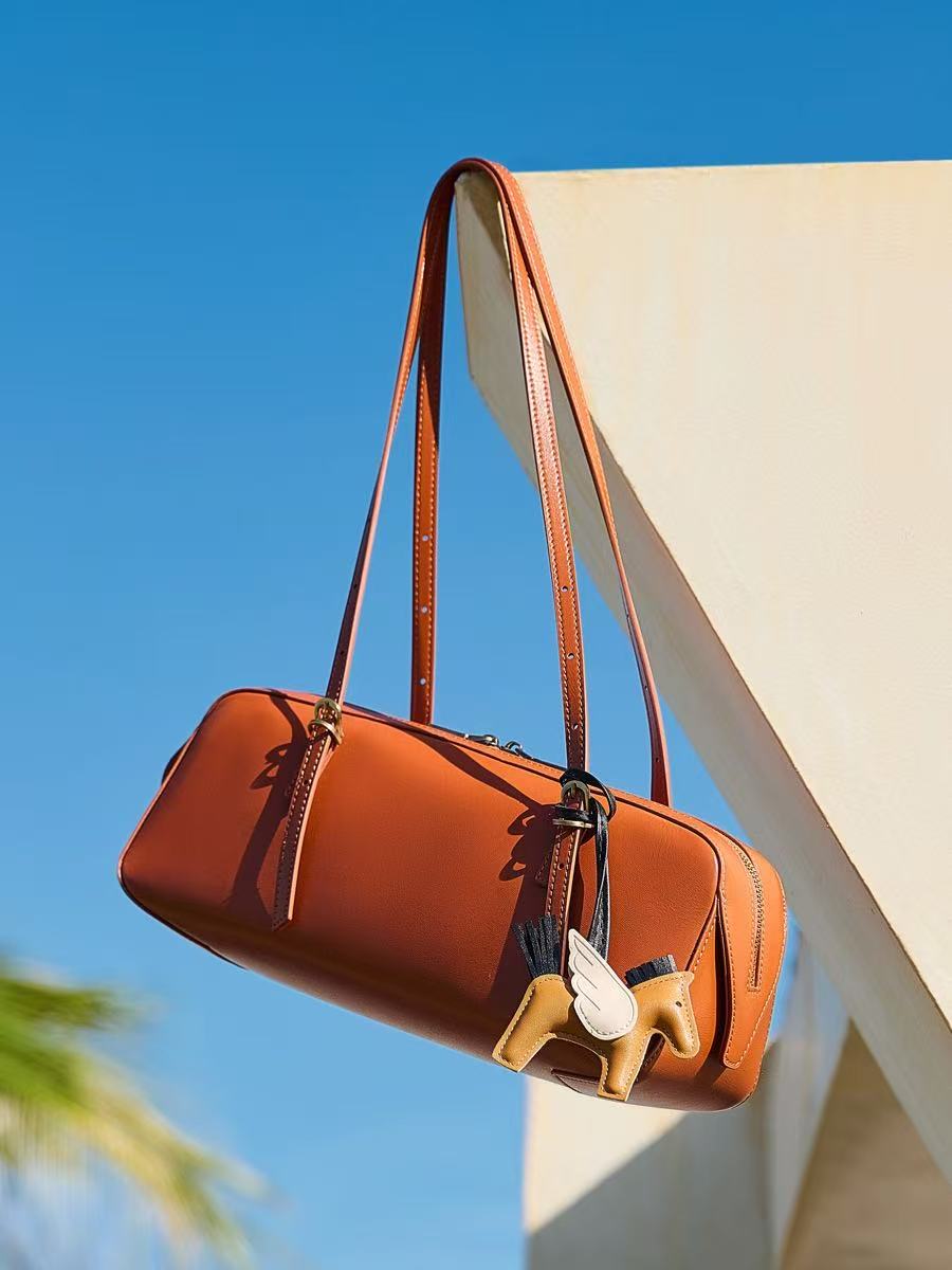 Long Leather Shoulder Bag with Horse Charm