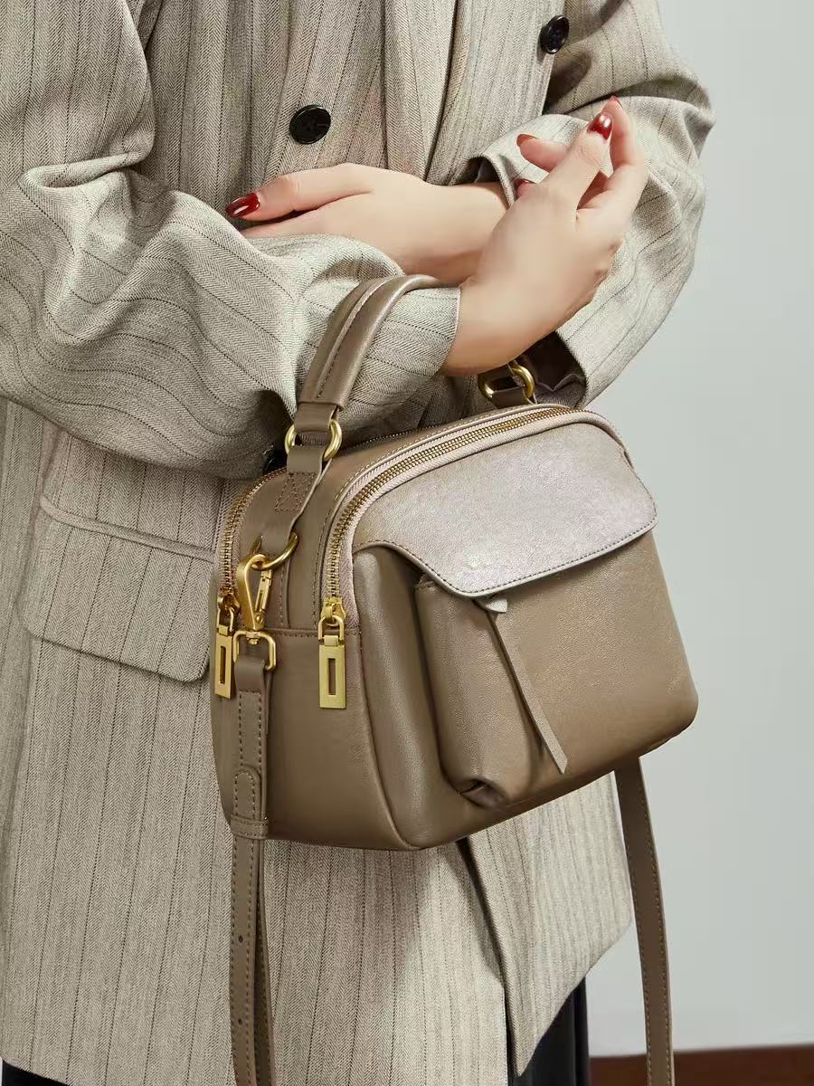Leather Handbag with Detachable Shoulder Strap