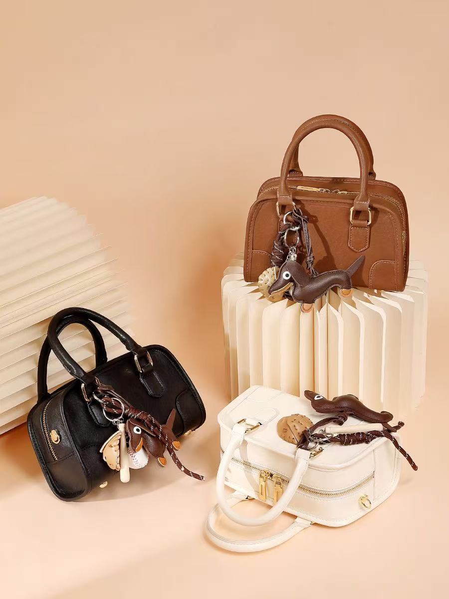 Mini Leather Bowling Bag with Dog Charm
