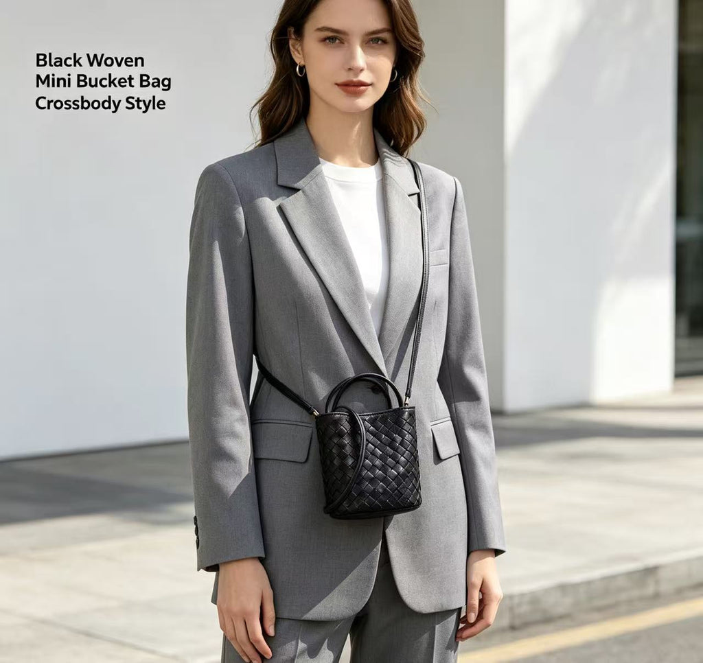 Woven Sheepskin Leather Mini Bucket Bag