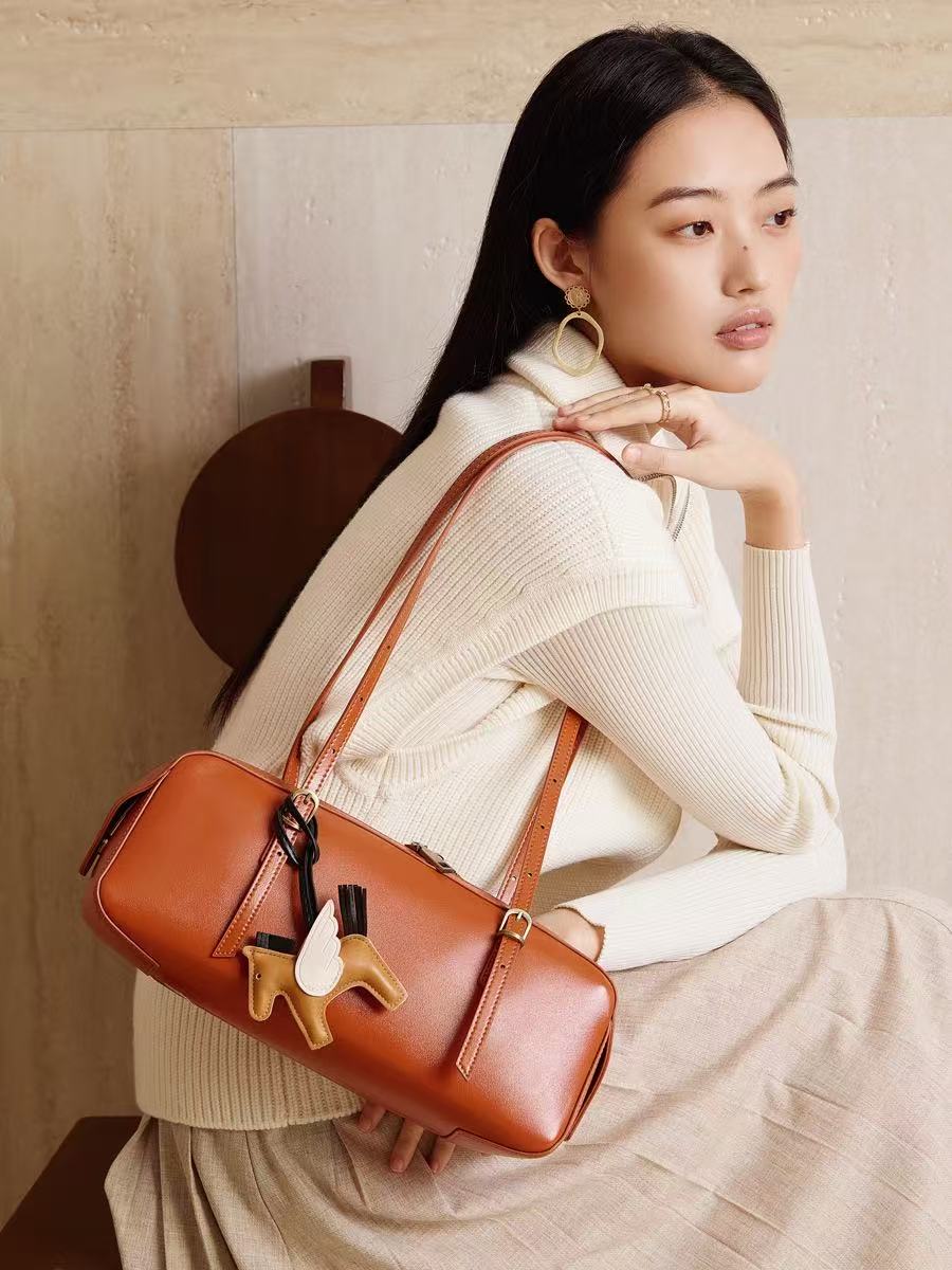 Long Leather Shoulder Bag with Horse Charm
