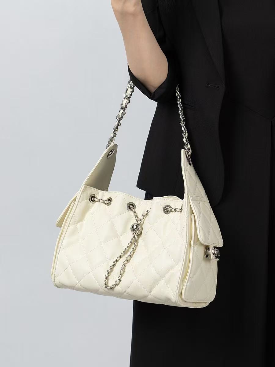 Quilted Leather Drawstring Hobo Bag