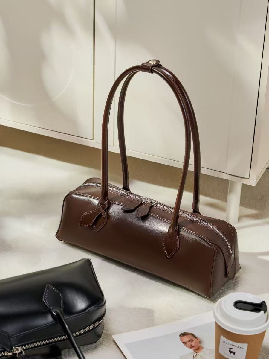 Long Leather Baguette Crossbody Bag