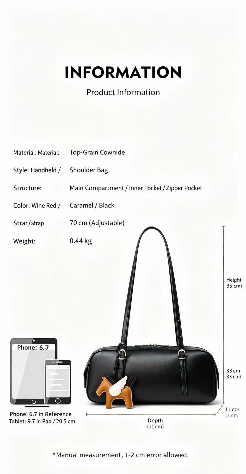 Long Leather Shoulder Bag with Horse Charm