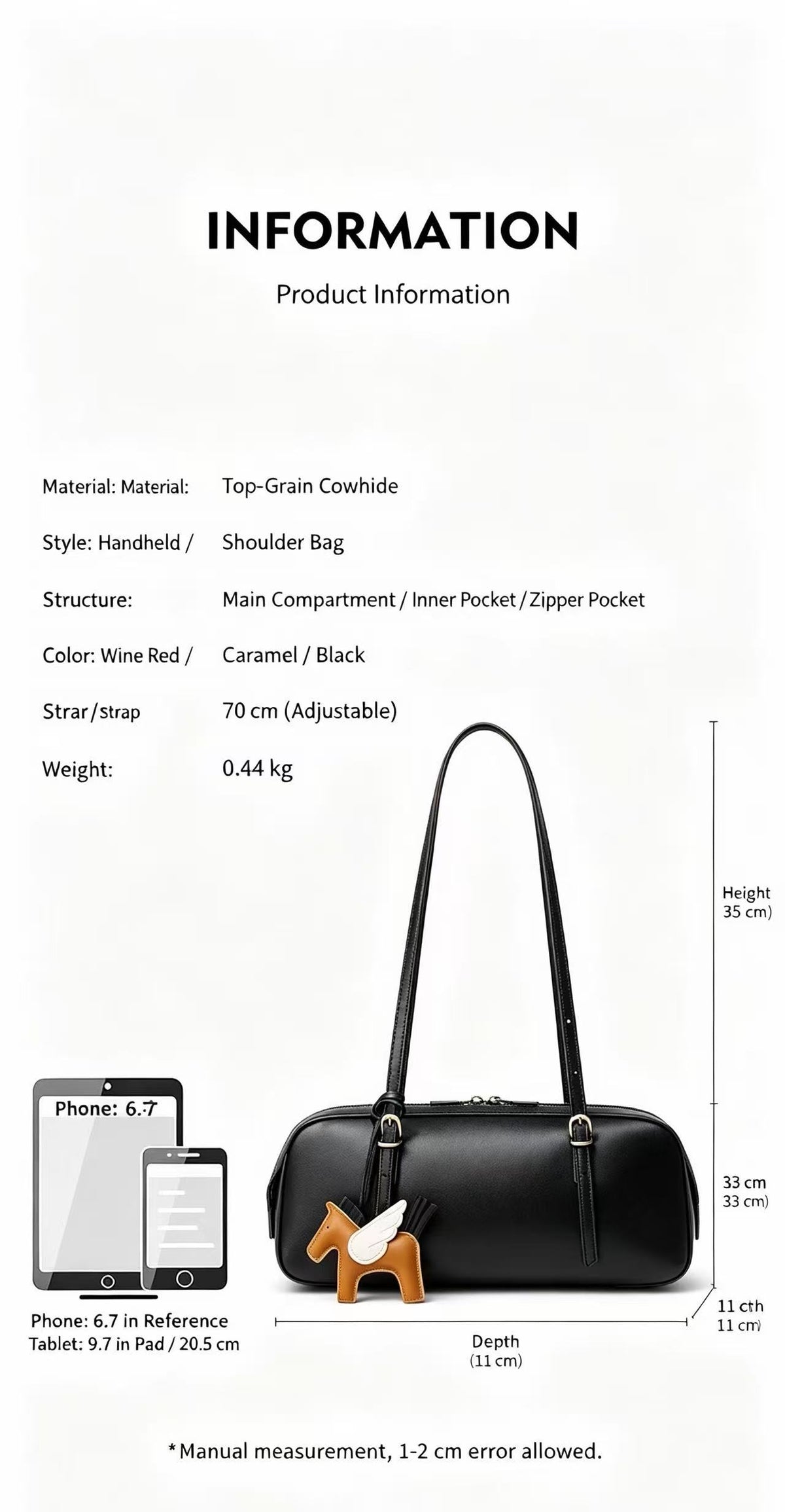 Long Leather Shoulder Bag with Horse Charm