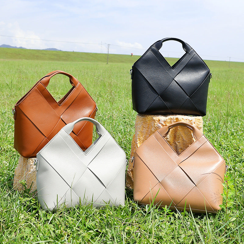 Triangle Design Handwoven Leather Bag | Soft Cowhide Shoulder Crossbody Purse for Women | Louis Bags     Size：28*10*19*28