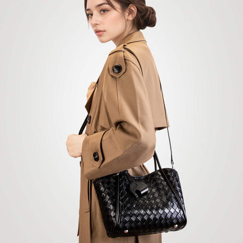 真皮编织纹托特包包女2026春夏季新款大容量百搭手提斜跨子母女包