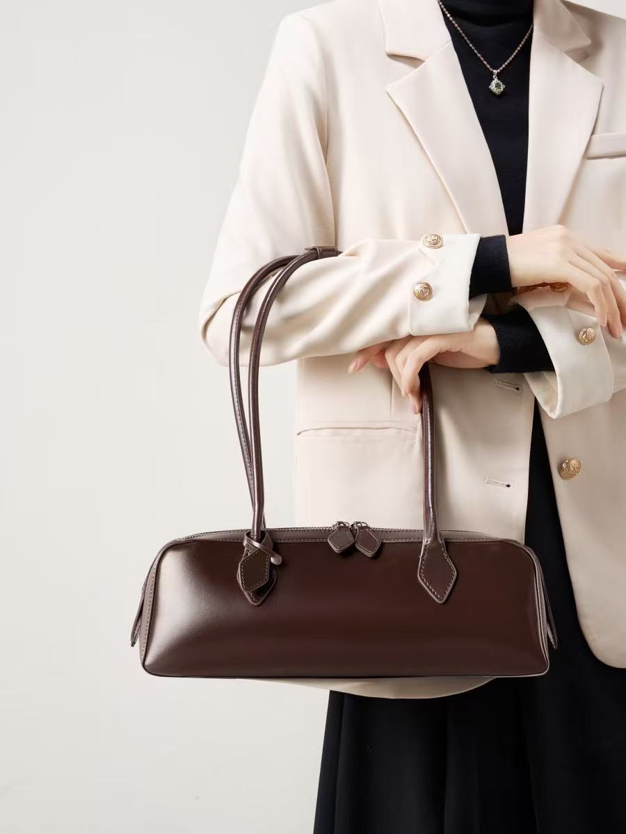 Long Leather Baguette Crossbody Bag