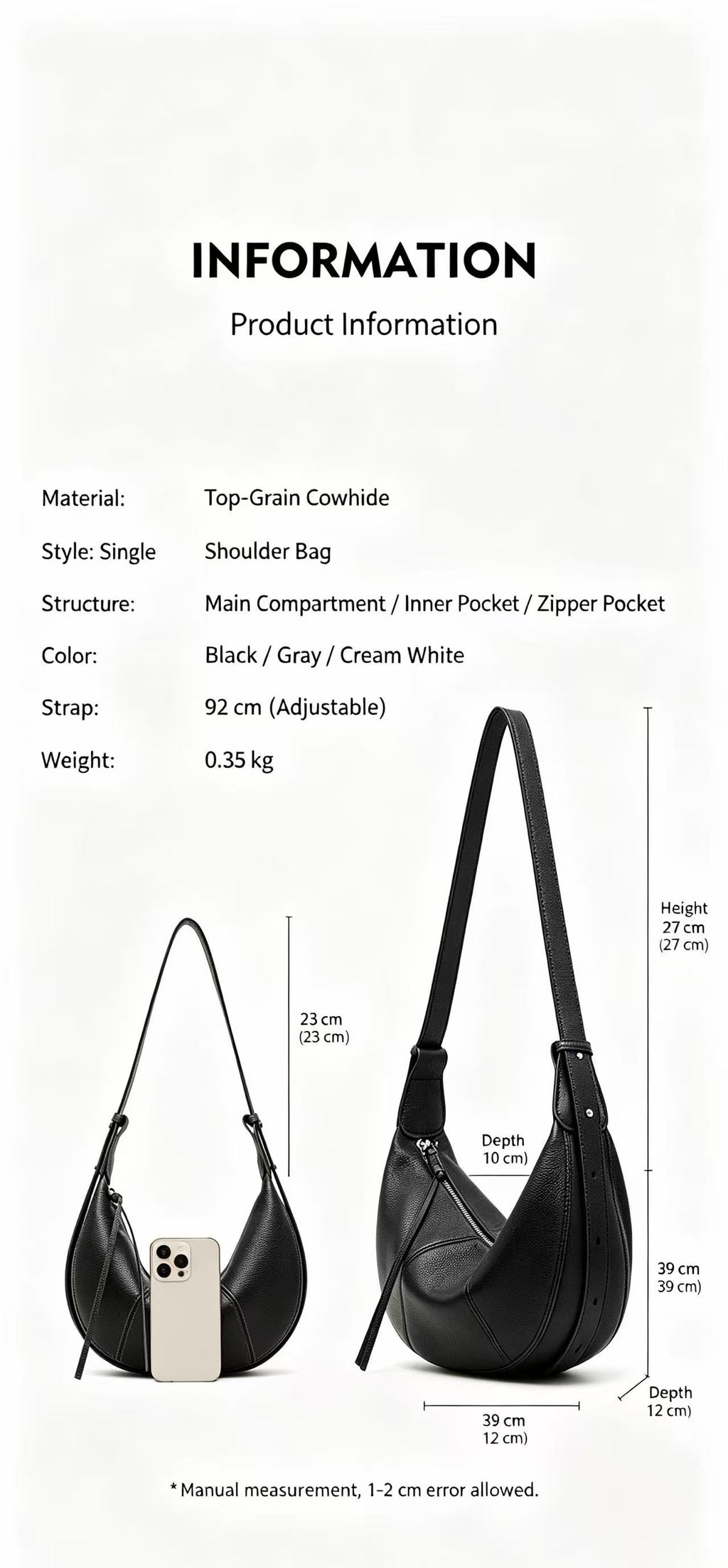 Lightweight Leather Crescent Hobo Bag